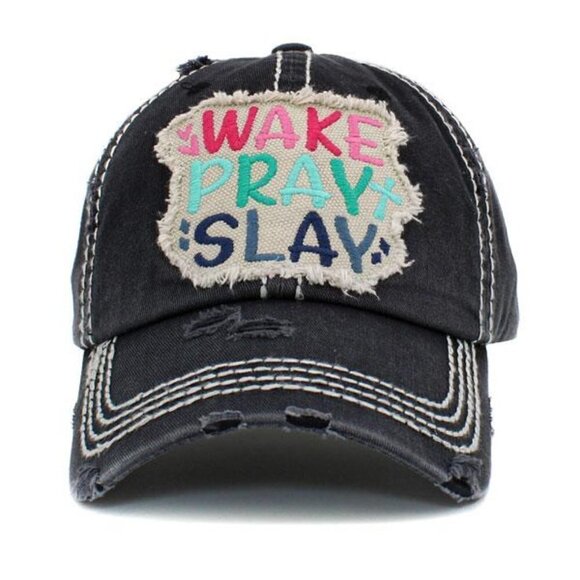 Womens Cross Wake Pray Slay Prayer Warrior Baseball Cap Hat in Distressed Black - Picture 1 of 2